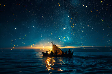 Photo, starry sky, people boating on the sea, night, bright color