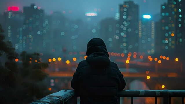 A solitary figure leans on the railing of the bridge deep in thought as they gaze out into the ling city lights. . .