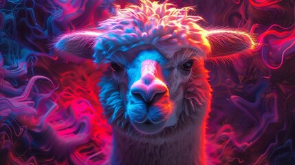 Neonlit alpaca, glowing with phantasmal iridescent tones, amidst a backdrop of psychic wave patterns - obrazy, fototapety, plakaty