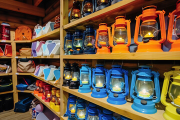 Brighten Your Nighttime Adventures: Colorful Outdoor Lanterns Lined Up on Shelves in a Camping Gear Store — Enhance Your Outdoor Activities