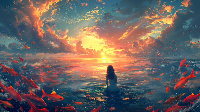 an image of a mermaid watching the sea of fish, in the style of anime art, golden light, plein air landscapes, 8k resolution, oshare kei, romantic landscape, light red and cyan