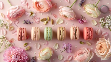 Floral macaron set. Crafted with vibrant flavors, each macaron is miniature work of art, from classic like raspberry and pistachio to exotic creations such as lavender honey and matcha green tea