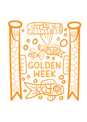 Golden week Japan Banner illustration. Koinobori (Carp streamers) on yellow rhombic pattern. In Japanese it is written Golden week holiday