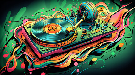 Vintage colorful turntable record player illustration. Generative AI