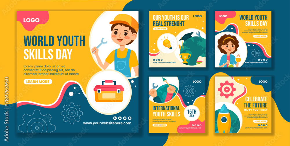 Wall mural Youth Skills Day Social Media Post Flat Cartoon Hand Drawn Templates Background Illustration