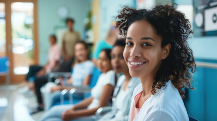 Obraz premium Happy woman in waiting room at medical clinic looking at camera. 