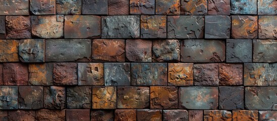 Detailed close-up shot of a brick wall showing signs of age with rusted paint peeling off, creating a textured surface