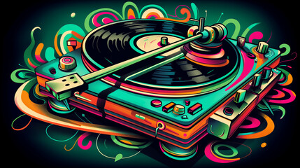 Vintage colorful turntable record player illustration. Generative AI