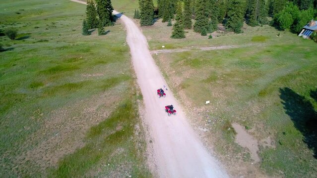 Aerial Shot Of People Driving Off-Road Vehicles On Road In Green Forest, Drone Flying Forward During Sunny Day - San Juan Mountains, Colorado