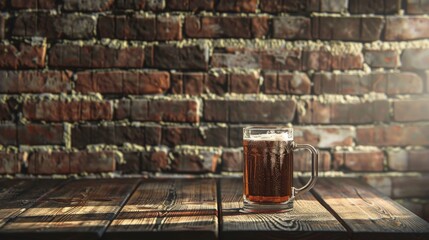 A half-full mug of beer sits on a wooden table against a brick wall background. - obrazy, fototapety, plakaty