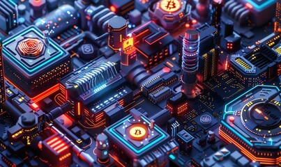 Craft a visually striking composition of a tilted angle view of a cryptocurrency market bustling with digital currency exchanges and modern financial technology, utilizing pixel art