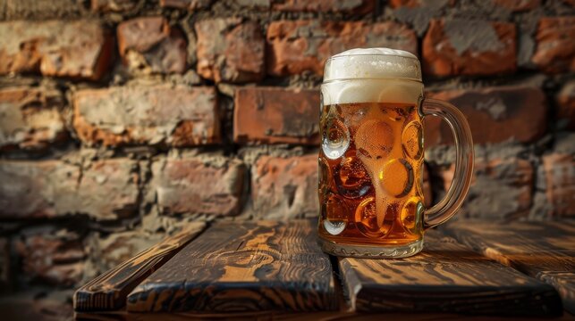 A half-full mug of beer sits on a wooden table against a brick wall background.