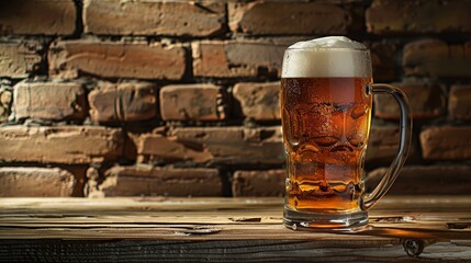 A half-full mug of beer sits on a wooden table in front of a brick wall.
