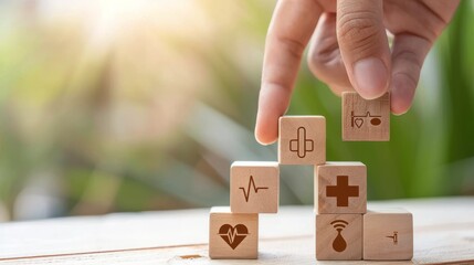A hand placing a wooden block with a hospital icon on top of a stack of other wooden blocks with various other healthcare related icons on them.