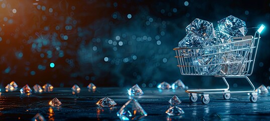 Electric blue shopping cart displays liquid diamonds in city event - obrazy, fototapety, plakaty