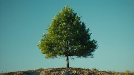 Serene Norfolk Pine against Blue Sky, Minimalist Nature. Concept Nature Photography, Skyline Views, Minimalist Design, Norfolk Pine Portrait, Serene Landscapes