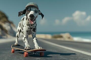 Dalmatian skateboarding on road with sky and clouds in background
