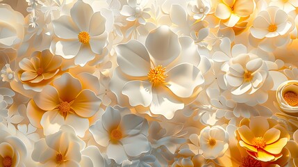 A beautiful image of flowers in gold and white. The flowers are arranged in a way that they look like they are floating in the air The colors of the flowers