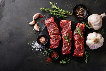 Raw beef steaks on cutting board with garlic and spices, food preparation