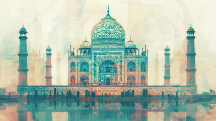 Fototapeta premium Taj Mahal in Agra, Uttar Pradesh, India. double exposure contemporary style 