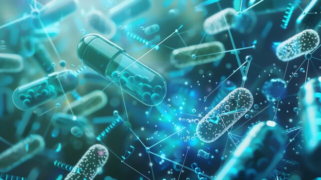 Microbiology and pharmaceutical innovation, closeup on microorganisms and drug interactions, copy space