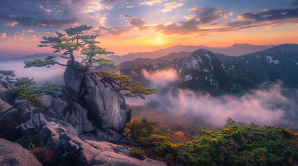 High angle shot of the sunrise sea of clouds in Mount Huangshan, Anhui Province, China.