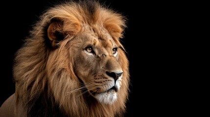 A lion's face in closeup on a black background