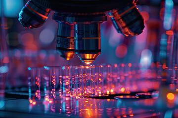 Microscope optics close-up in a high-tech lab.  - obrazy, fototapety, plakaty