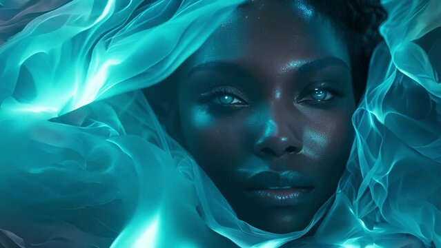A dreamy portrait of a black woman enveloped in a whirlwind of bioluminescent fabric. From her mesmerizing eyes to the flowing strands of hair every element of this image glows with .