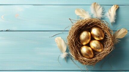 A nest of golden eggs on a blue wooden background.