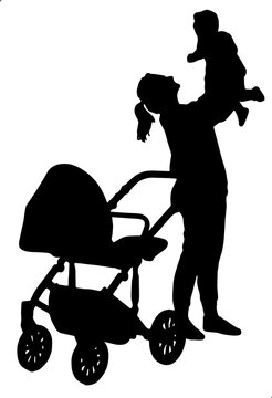 recommend clip art: Silhouette illustration of a mother pushing a stroller for Mother's Day and baby's day celebrations of vector