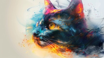 an abstract cat portrait infused with colorful double exposure paint