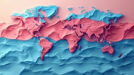 A creative 3D render of a world map with elevated land features in contrasting pink and blue colors, offering a modern take on geographic layouts. Generative AI