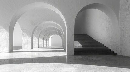 The interplay of light and shadow accentuates the minimalist beauty of repeating white arches and a solitary staircase in a serene architectural setting. Generative AI