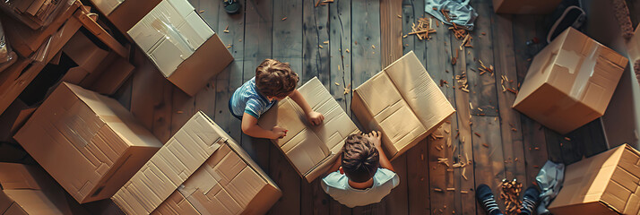 overhead view of Boys constructing makeshift forts out of cardboard boxes, hyperrealistic travel photography, copy space for writing
