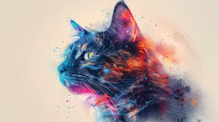 an abstract cat portrait infused with colorful double exposure paint