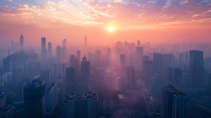 Fototapeta premium Streamers navigate a city veiled in PM 25, showcasing innovative tech for cleaner air