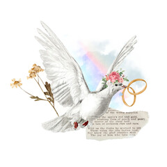 Wedding rings png, flying dove aesthetic collage, transparent background