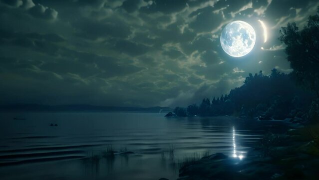 lake and moon at night landscape. 4k video animation
