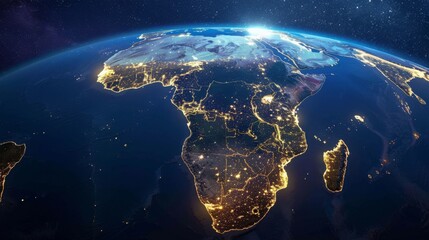 A photo of the Earth from space at night, showing the African continent.