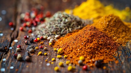 Vibrant closeup of mixed spices on wooden surface, texture focus, for culinary arts