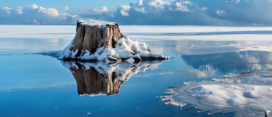 tree stump on frozen lake - Powered by Adobe