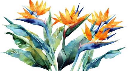 Watercolor bird of paradise clipart featuring exotic orange and blue flowers - obrazy, fototapety, plakaty