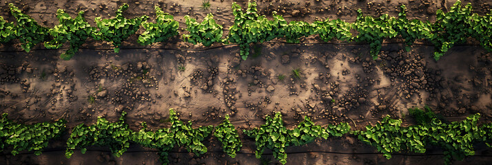 overhead view of A vineyard with neat rows of grapevines stretching into the distance,...
