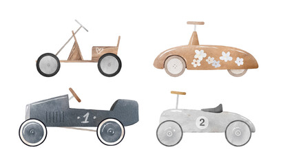 Collection of vintage children's cars. Watercolor illustration. Toy retro cars. Can be used for kid posters or cards.