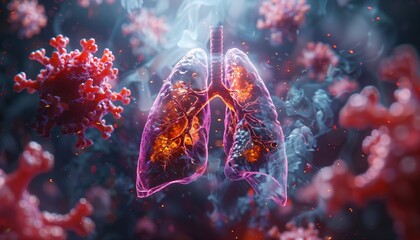 Artistic rendering of a lung with tuberculosis, focusing on damaged tissue and bacterial infection - obrazy, fototapety, plakaty