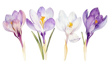 Watercolor crocus clipart with delicate purple and white flowers - obrazy, fototapety, plakaty