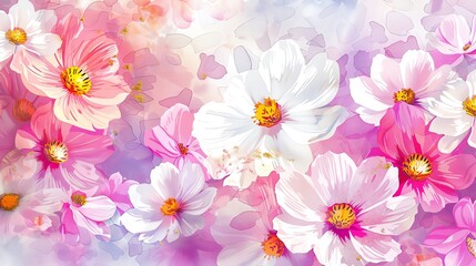 Watercolor cosmos clipart with delicate pink and white flowers - obrazy, fototapety, plakaty