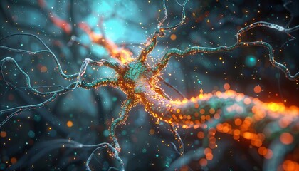 Close-up on the axon and dendrites of a neuron, highlighting neurotransmitter activity