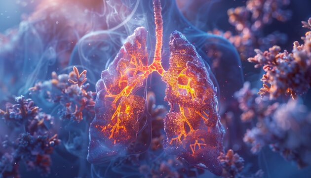 Depiction of cystic fibrosis affecting the lungs, showing thick, sticky mucus buildup, with enhanced textural details